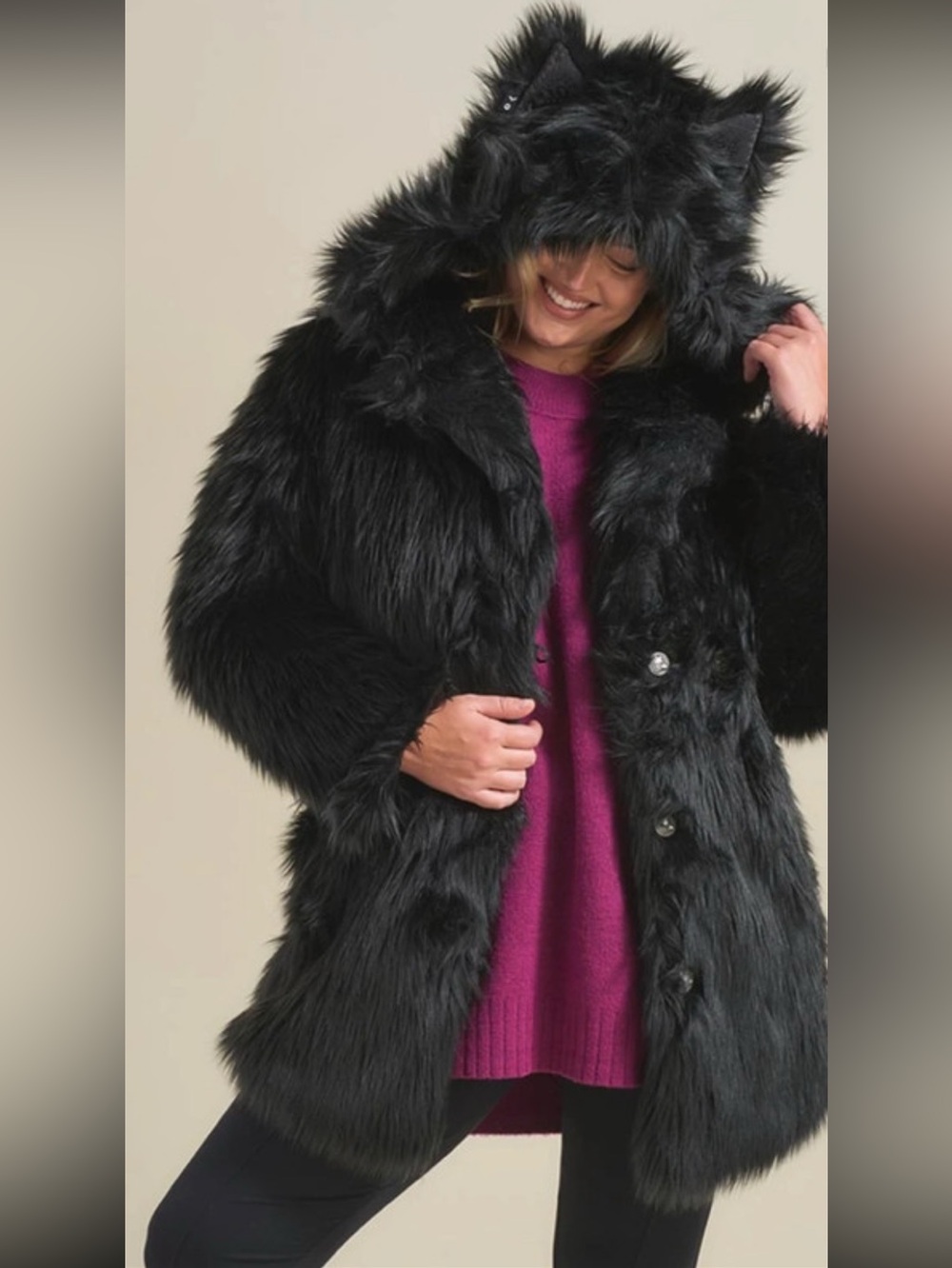 SpiritHoods Black Faux Fur Hooded Teddy Coat with Ear Hood